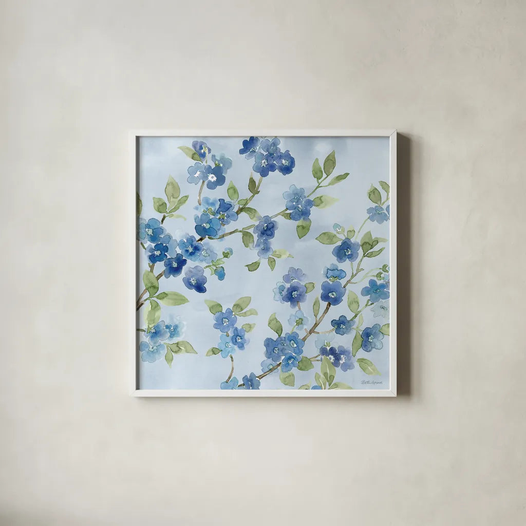 Indigo Petals VI by Beth Grove. Shown in a crisp white glass frame for a clean and minimalist style. Available as an archival giclee rolled canvas, fine art paper, or poster print. SKU 78058a.