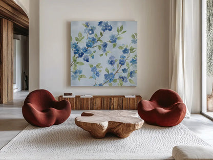 Indigo Petals VI by Beth Grove. Shown as extra-large giant wall art in a modern living room. Available as an archival giclee rolled canvas, fine art paper, or poster print. SKU 78058a.