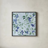 Indigo Petals VII by Beth Grove. Shown in a sleek black glass frame for a contemporary gallery look. Available as an archival giclee rolled canvas, fine art paper, or poster print. SKU 78059a.