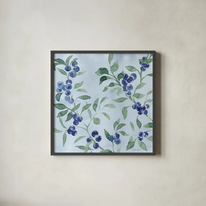 Indigo Petals VII by Beth Grove. Shown in a sleek black glass frame for a contemporary gallery look. Available as an archival giclee rolled canvas, fine art paper, or poster print. SKU 78059a.