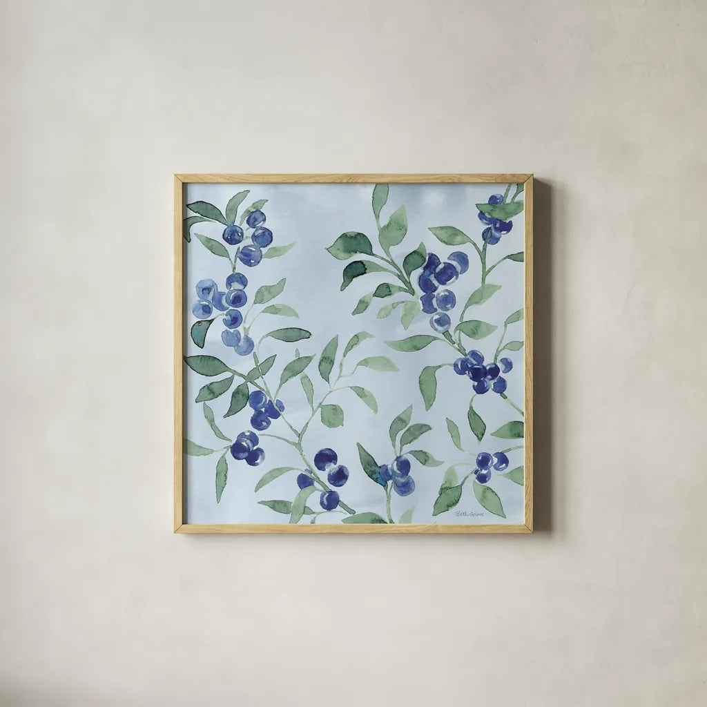 Indigo Petals VII by Beth Grove. Shown in a natural wood glass frame for a timeless modern aesthetic. Available as an archival giclee rolled canvas, fine art paper, or poster print. SKU 78059a.