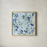 Indigo Petals VII by Beth Grove. Shown in a natural wood glass frame for a timeless modern aesthetic. Available as an archival giclee rolled canvas, fine art paper, or poster print. SKU 78059a.
