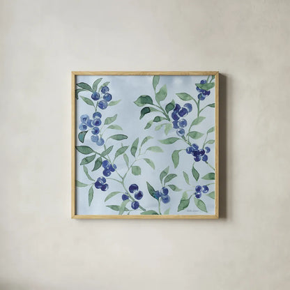 Indigo Petals VII by Beth Grove. Shown in a natural wood glass frame for a timeless modern aesthetic. Available as an archival giclee rolled canvas, fine art paper, or poster print. SKU 78059a.