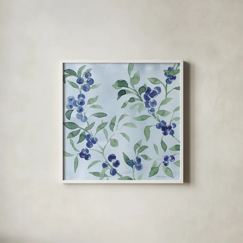 Indigo Petals VII by Beth Grove. Shown in a crisp white glass frame for a clean and minimalist style. Available as an archival giclee rolled canvas, fine art paper, or poster print. SKU 78059a.