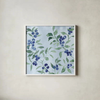 Indigo Petals VII by Beth Grove. Shown in a crisp white glass frame for a clean and minimalist style. Available as an archival giclee rolled canvas, fine art paper, or poster print. SKU 78059a.