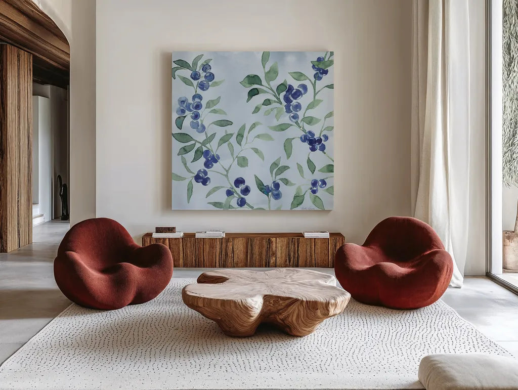 Indigo Petals VII by Beth Grove. Shown as extra-large giant wall art in a modern living room. Available as an archival giclee rolled canvas, fine art paper, or poster print. SKU 78059a.
