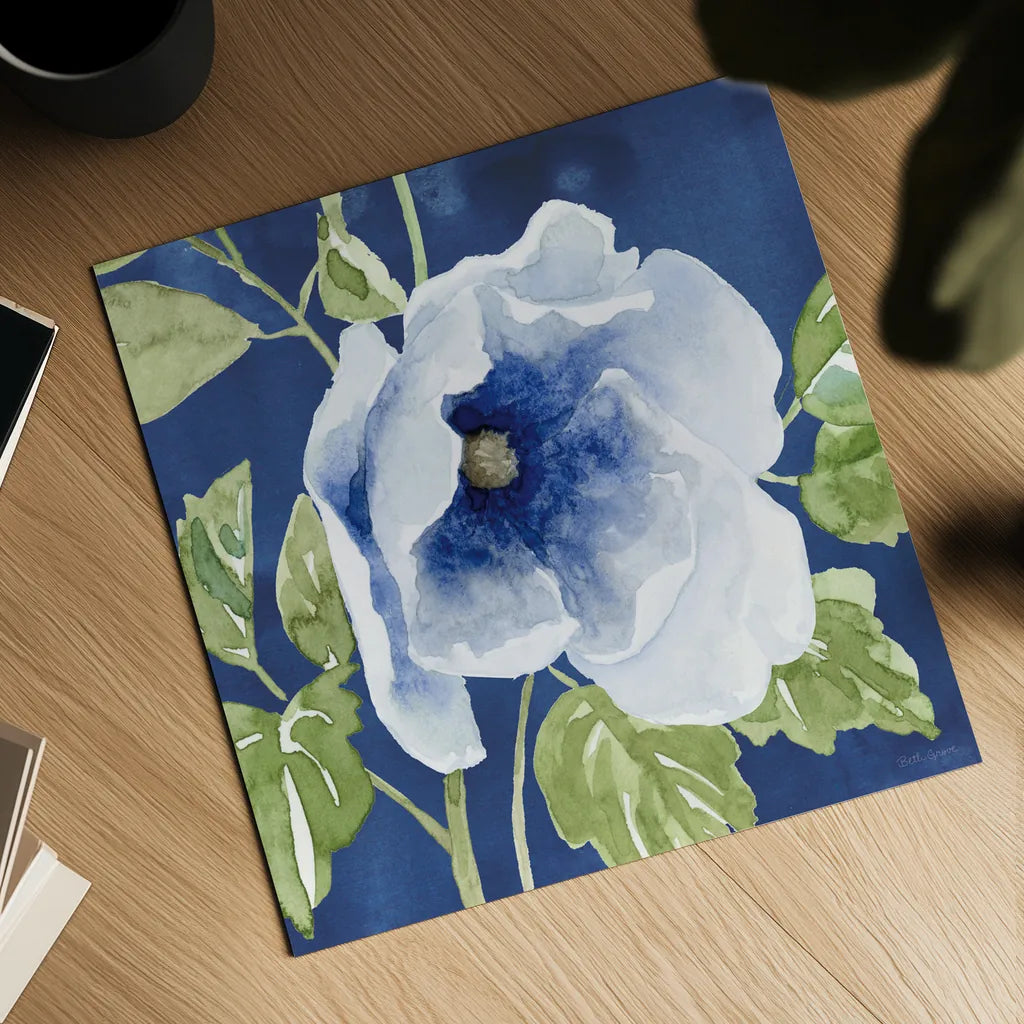 Indigo Petals VIII by Beth Grove. Shown as a detailed flat fine art print, highlighting archival giclee quality. Available as an archival giclee rolled canvas, fine art paper, or poster print. SKU 78060a.