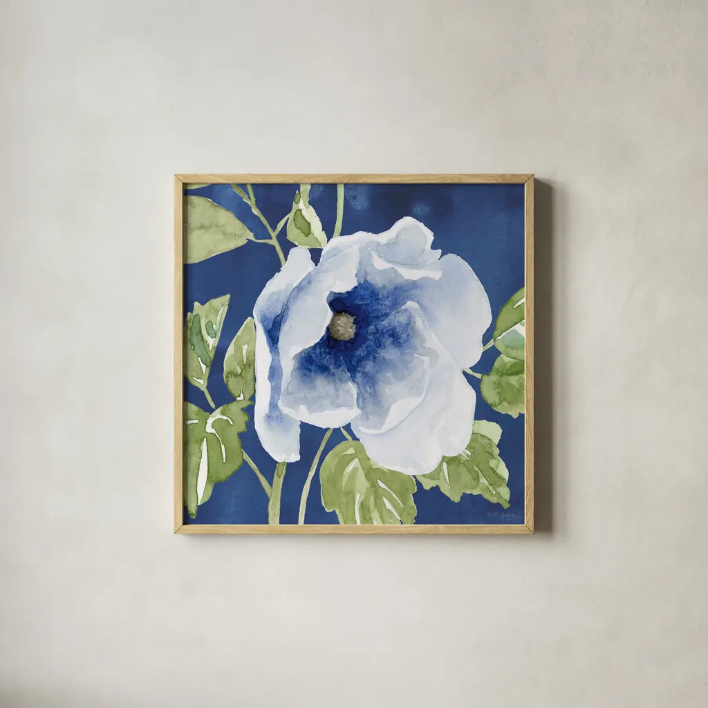 Indigo Petals VIII by Beth Grove. Shown in a natural wood glass frame for a timeless modern aesthetic. Available as an archival giclee rolled canvas, fine art paper, or poster print. SKU 78060a.