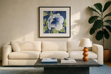 Indigo Petals VIII by Beth Grove. Displayed in a glass frame with matte in a clean modern living room. Available as an archival giclee rolled canvas, fine art paper, or poster print. SKU 78060a.