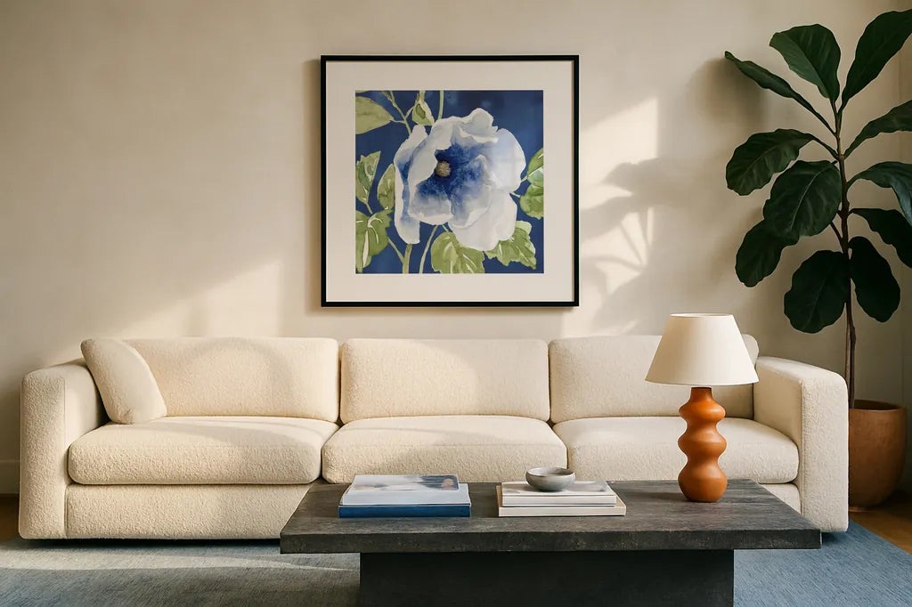 Indigo Petals VIII by Beth Grove. Displayed in a glass frame with matte in a clean modern living room. Available as an archival giclee rolled canvas, fine art paper, or poster print. SKU 78060a.
