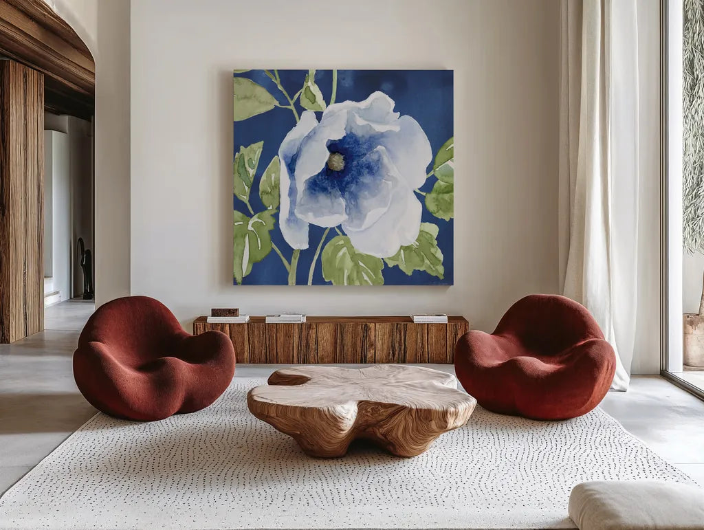 Indigo Petals VIII by Beth Grove. Shown as extra-large giant wall art in a modern living room. Available as an archival giclee rolled canvas, fine art paper, or poster print. SKU 78060a.
