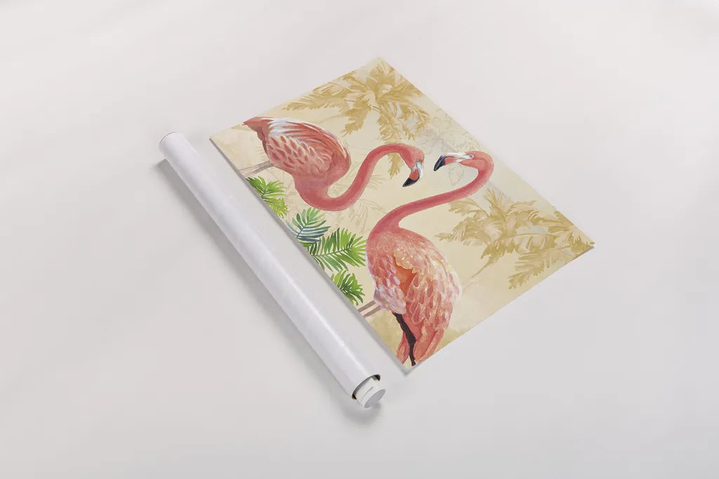 Island Time Flamingo Gold by Beth Grove. shown as a rolled paper print. Available as archival giclee rolled canvas, fine art paper, or poster print. SKU 45024i.
