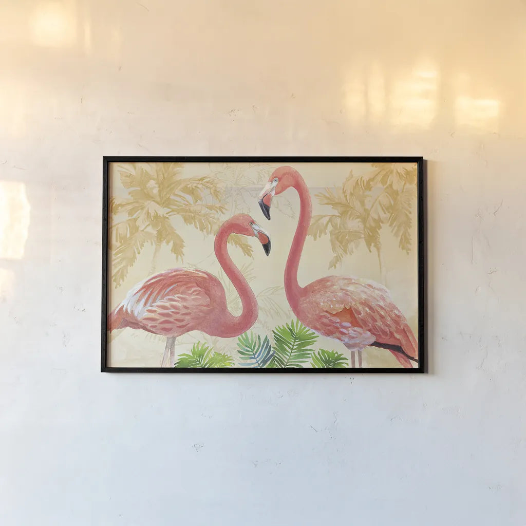 Island Time Flamingo Gold by Beth Grove. shown as a paper print in a black flame. Available as a archival giclee rolled canvas, fine art paper, or poster print. SKU 45024i.