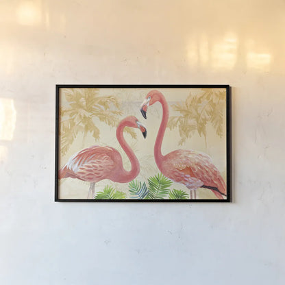Island Time Flamingo Gold by Beth Grove. shown as a paper print in a black flame. Available as a archival giclee rolled canvas, fine art paper, or poster print. SKU 45024i.