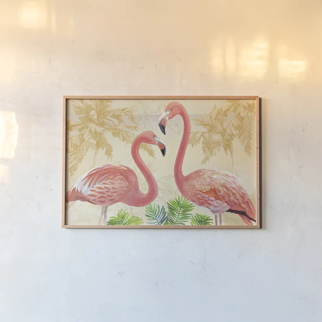 Island Time Flamingo Gold by Beth Grove. shown as a paper print in a natural frame. Available as a archival giclee rolled canvas, fine art paper, or poster print. SKU 45024i.