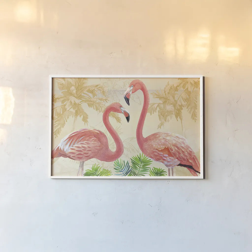 Island Time Flamingo Gold by Beth Grove. shown as a paper print in a white frame. Available as a archival giclee rolled canvas, fine art paper, or poster print. SKU 45024i.