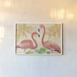 Island Time Flamingo Gold by Beth Grove. shown as a paper print in a white frame. Available as a archival giclee rolled canvas, fine art paper, or poster print. SKU 45024i.