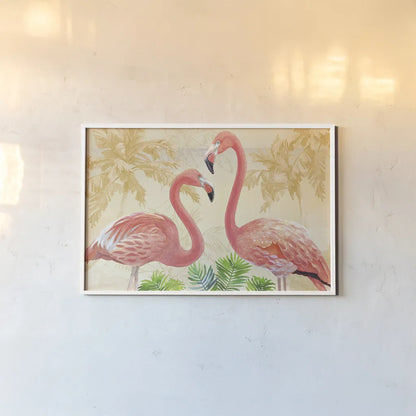 Island Time Flamingo Gold by Beth Grove. shown as a paper print in a white frame. Available as a archival giclee rolled canvas, fine art paper, or poster print. SKU 45024i.