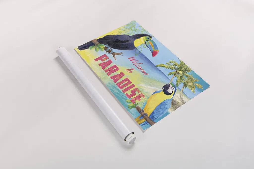 Island Time Toucan by Beth Grove. shown as a rolled paper print. Available as archival giclee rolled canvas, fine art paper, or poster print. SKU 21889i.