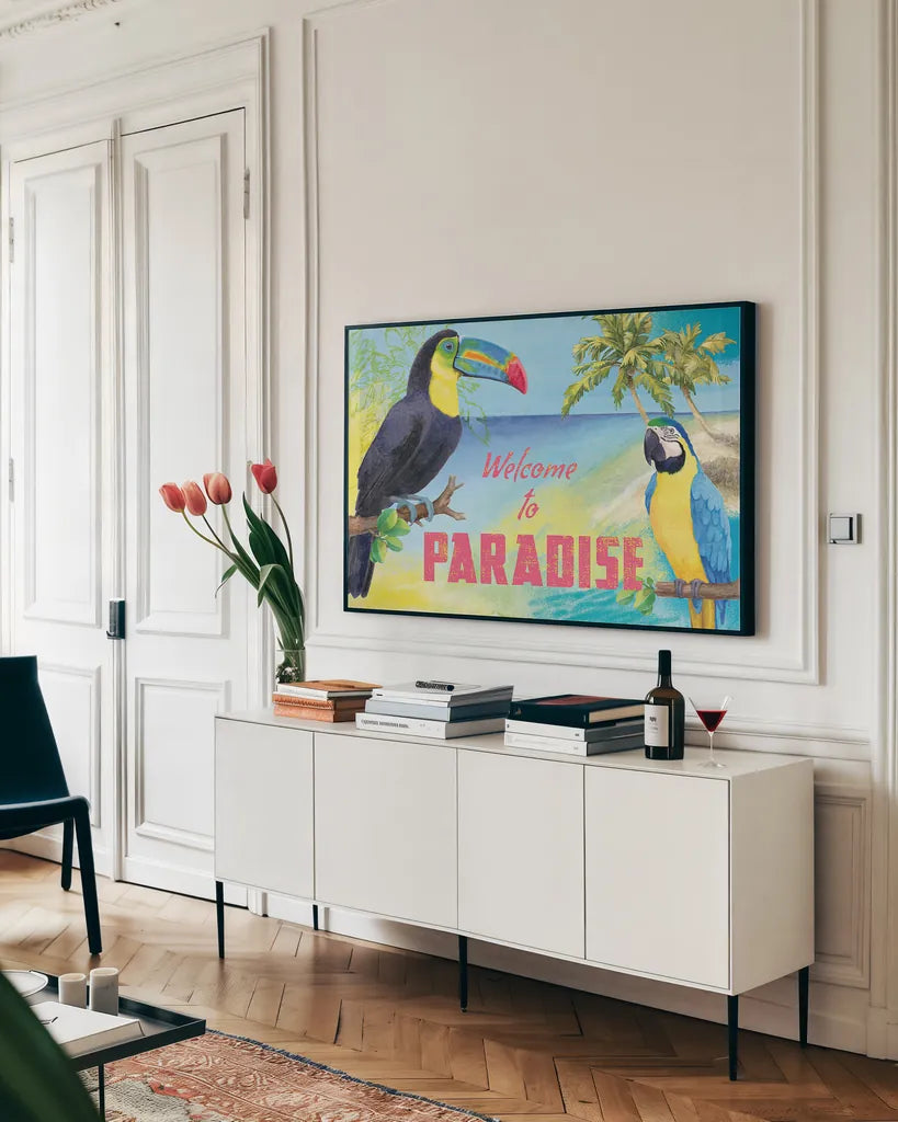 Island Time Toucan by Beth Grove. shown as a framed stretched canvas in a living room above a console. Available as a archival giclee rolled canvas, fine art paper, or poster print. SKU 21889i.