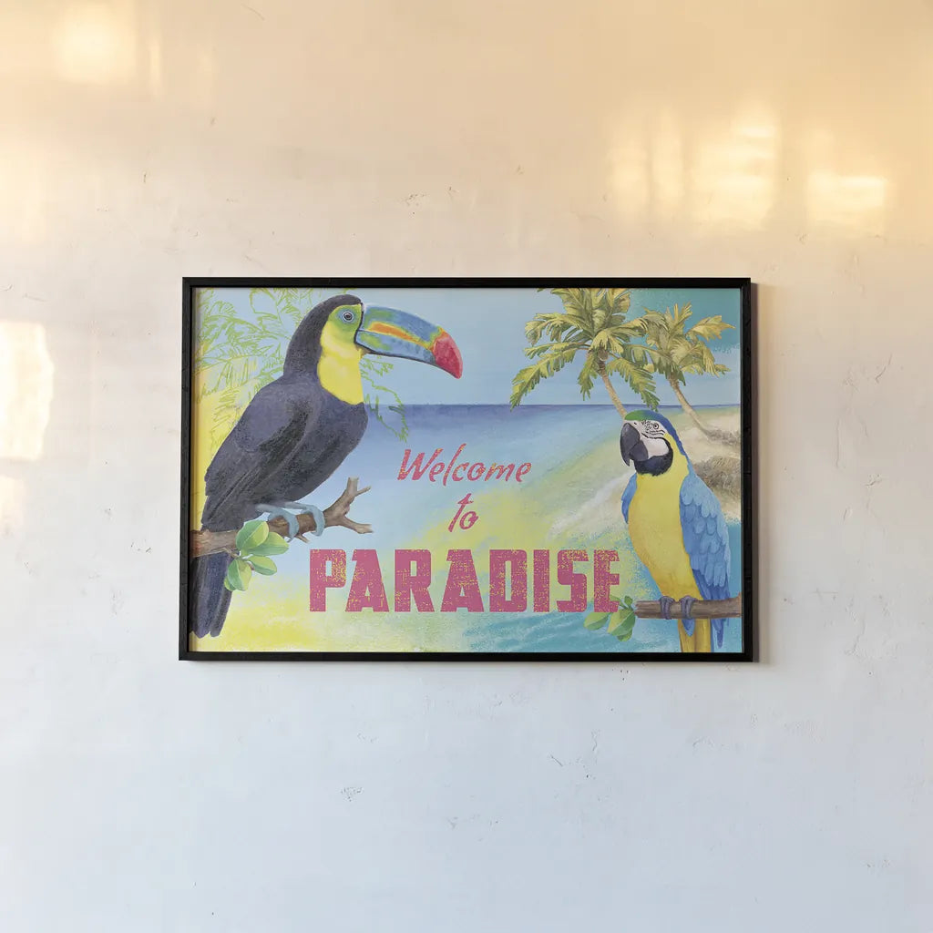 Island Time Toucan by Beth Grove. shown as a paper print in a black flame. Available as a archival giclee rolled canvas, fine art paper, or poster print. SKU 21889i.