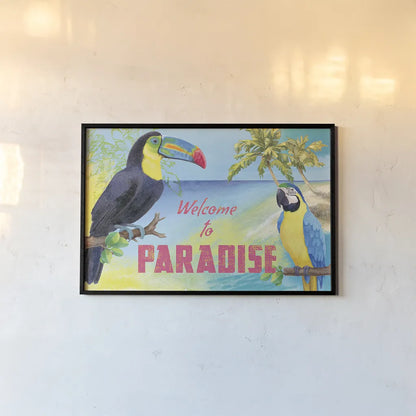 Island Time Toucan by Beth Grove. shown as a paper print in a black flame. Available as a archival giclee rolled canvas, fine art paper, or poster print. SKU 21889i.