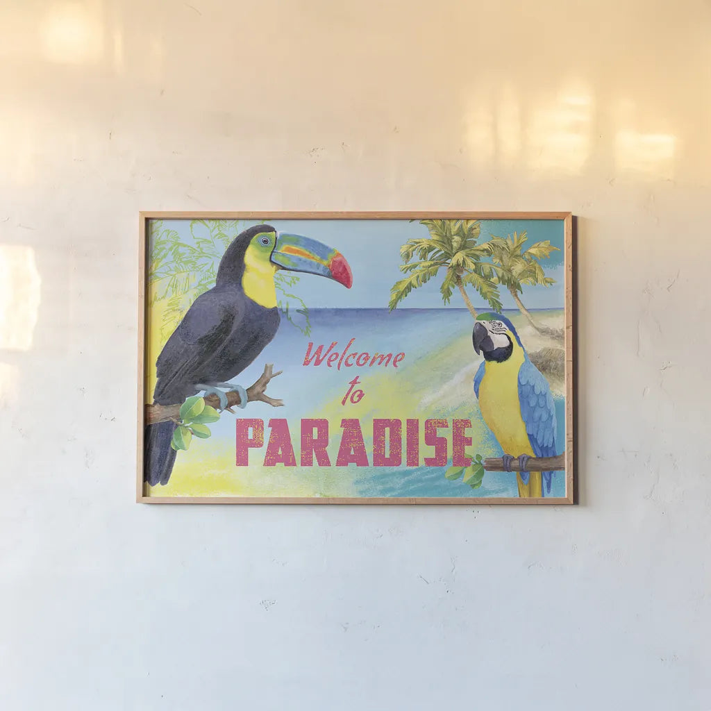 Island Time Toucan by Beth Grove. shown as a paper print in a natural frame. Available as a archival giclee rolled canvas, fine art paper, or poster print. SKU 21889i.