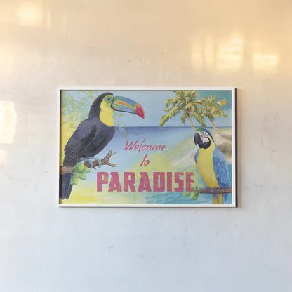 Island Time Toucan by Beth Grove. shown as a paper print in a white frame. Available as a archival giclee rolled canvas, fine art paper, or poster print. SKU 21889i.