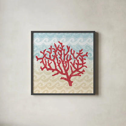 Lighthouse View Coral by Beth Grove. Shown in a sleek black glass frame for a contemporary gallery look. Available as an archival giclee rolled canvas, fine art paper, or poster print. SKU 18404a.