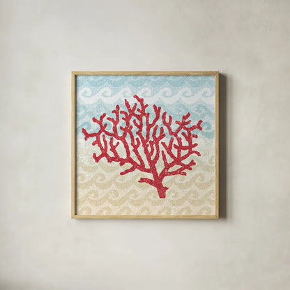 Lighthouse View Coral by Beth Grove. Shown in a natural wood glass frame for a timeless modern aesthetic. Available as an archival giclee rolled canvas, fine art paper, or poster print. SKU 18404a.