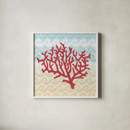 Lighthouse View Coral by Beth Grove. Shown in a crisp white glass frame for a clean and minimalist style. Available as an archival giclee rolled canvas, fine art paper, or poster print. SKU 18404a.
