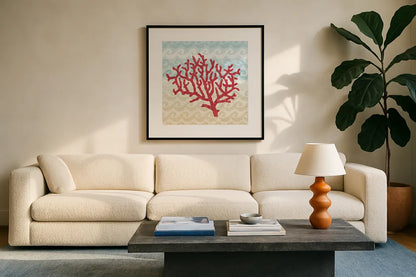 Lighthouse View Coral by Beth Grove. Displayed in a glass frame with matte in a clean modern living room. Available as an archival giclee rolled canvas, fine art paper, or poster print. SKU 18404a.