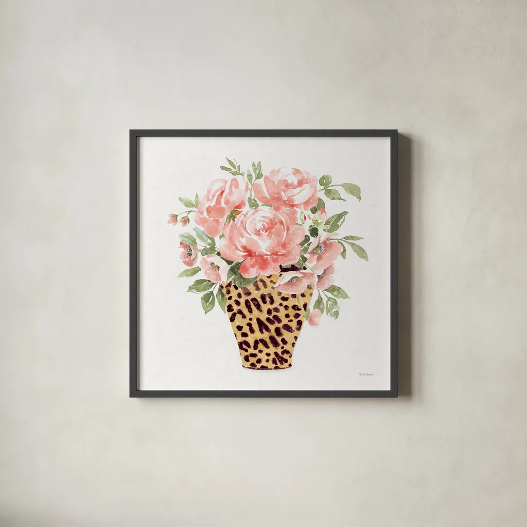 Luxe Bouquet I by Beth Grove. Shown in a sleek black glass frame for a contemporary gallery look. Available as an archival giclee rolled canvas, fine art paper, or poster print. SKU 69011a.