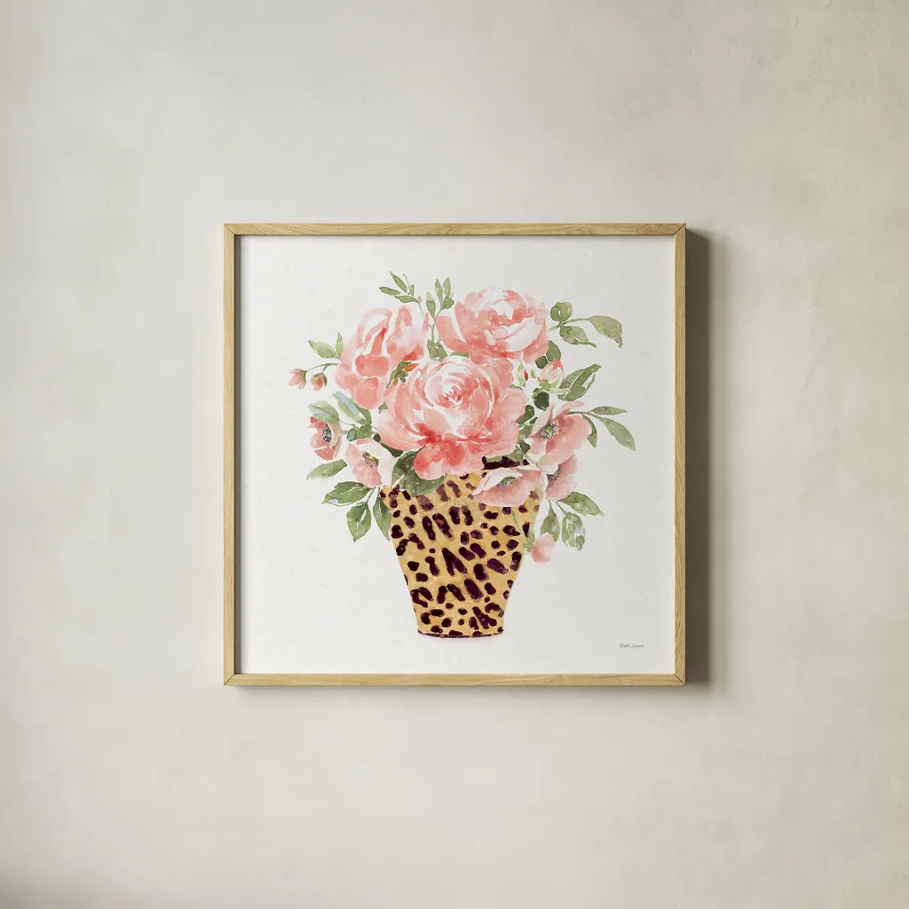 Luxe Bouquet I by Beth Grove. Shown in a natural wood glass frame for a timeless modern aesthetic. Available as an archival giclee rolled canvas, fine art paper, or poster print. SKU 69011a.