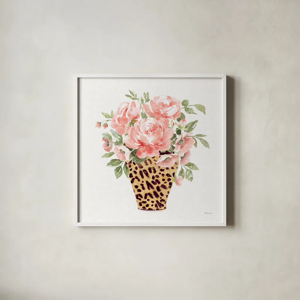 Luxe Bouquet I by Beth Grove. Shown in a crisp white glass frame for a clean and minimalist style. Available as an archival giclee rolled canvas, fine art paper, or poster print. SKU 69011a.