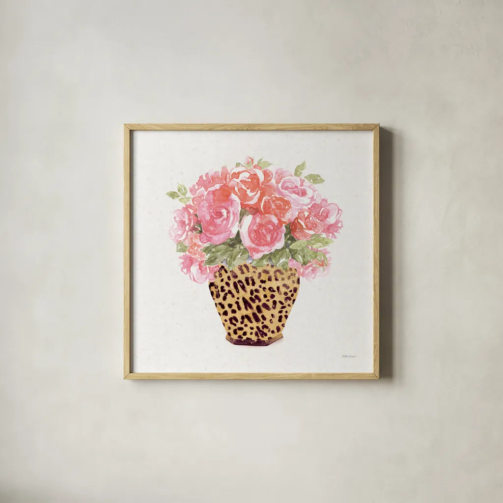 Luxe Bouquet II by Beth Grove. Shown in a natural wood glass frame for a timeless modern aesthetic. Available as an archival giclee rolled canvas, fine art paper, or poster print. SKU 69012a.