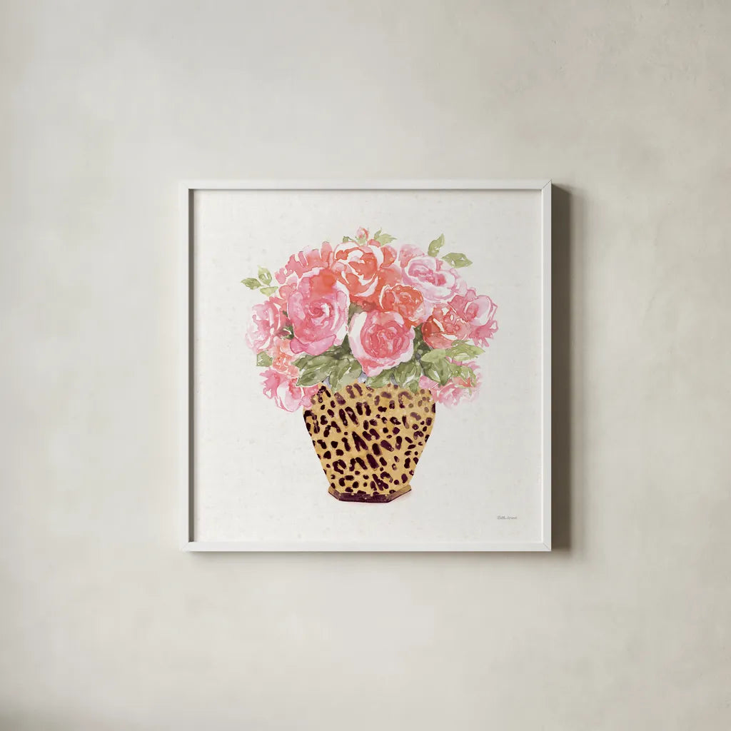 Luxe Bouquet II by Beth Grove. Shown in a crisp white glass frame for a clean and minimalist style. Available as an archival giclee rolled canvas, fine art paper, or poster print. SKU 69012a.