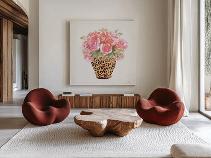 Luxe Bouquet II by Beth Grove. Shown as extra-large giant wall art in a modern living room. Available as an archival giclee rolled canvas, fine art paper, or poster print. SKU 69012a.