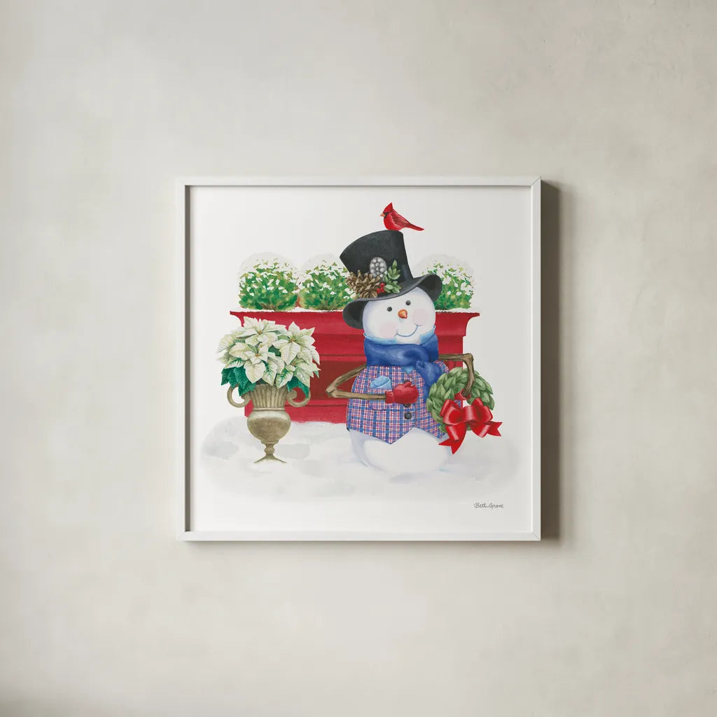 Main Street Christmas X by Beth Grove. Shown in a crisp white glass frame for a clean and minimalist style. Available as an archival giclee rolled canvas, fine art paper, or poster print. SKU 44457a.