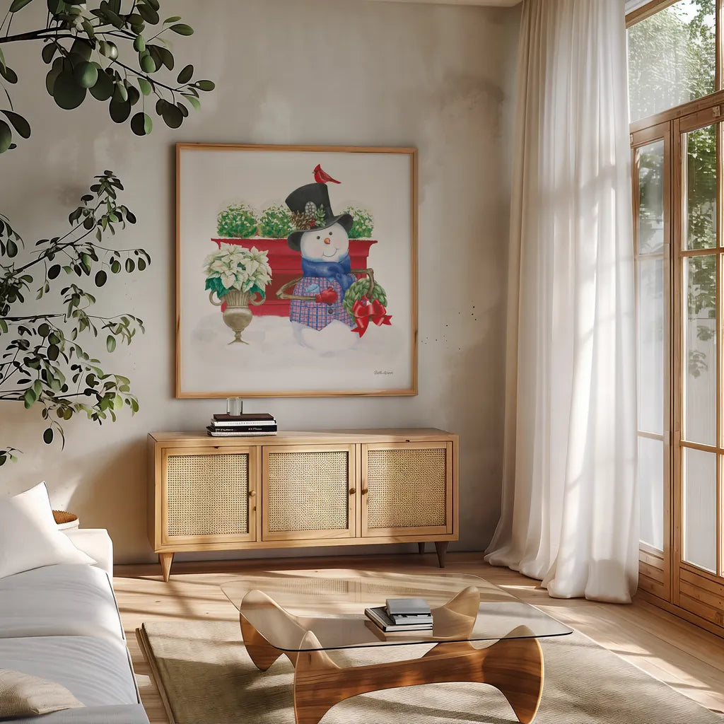 Main Street Christmas X by Beth Grove. Shown in a natural wood frame in a cozy modern living room. Available as an archival giclee rolled canvas, fine art paper, or poster print. SKU 44457a.