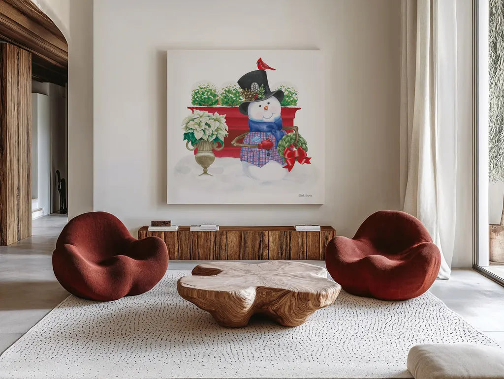 Main Street Christmas X by Beth Grove. Shown as extra-large giant wall art in a modern living room. Available as an archival giclee rolled canvas, fine art paper, or poster print. SKU 44457a.
