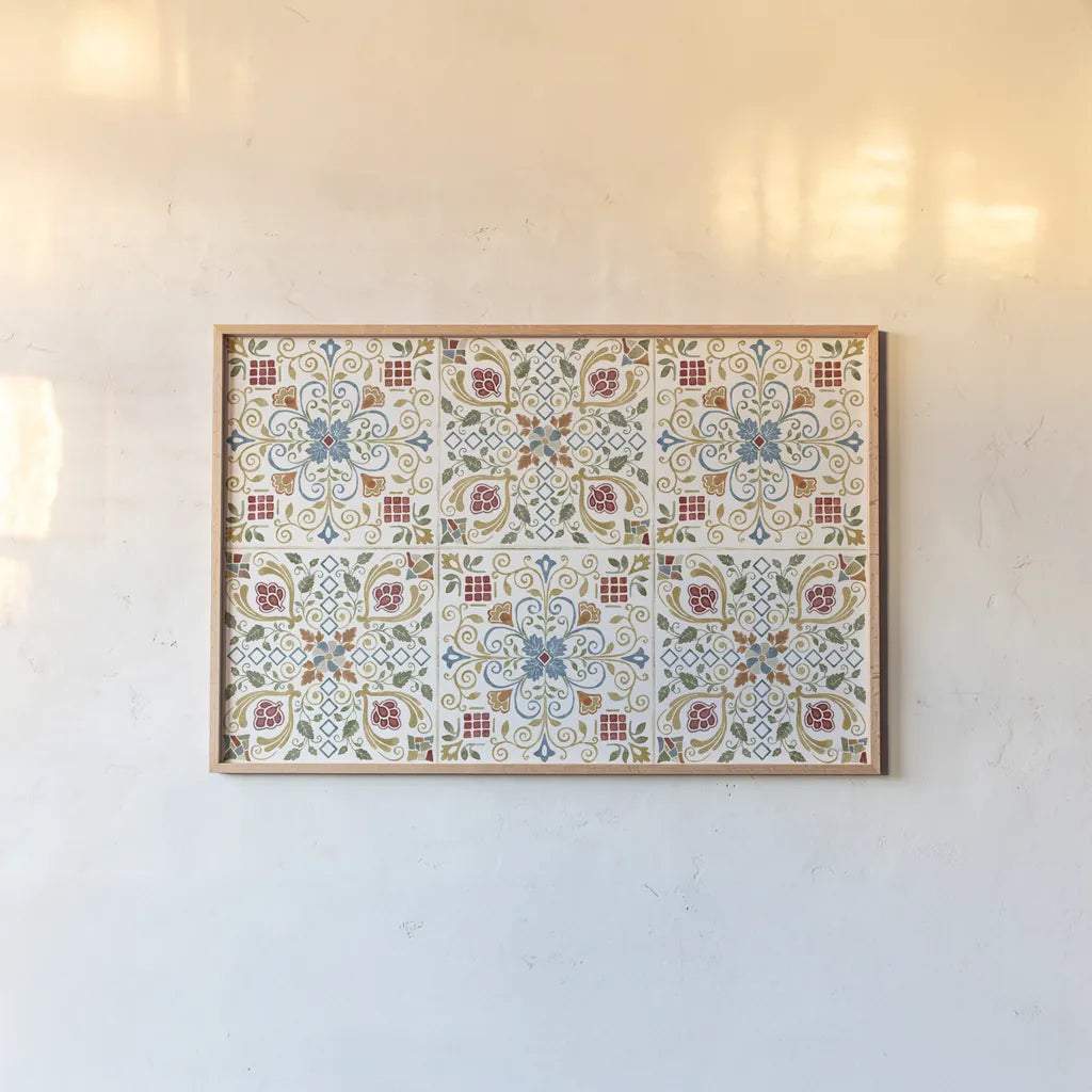 Mediterranean Motif I by Beth Grove. shown as a paper print in a natural frame. Available as a archival giclee rolled canvas, fine art paper, or poster print. SKU 77507i.