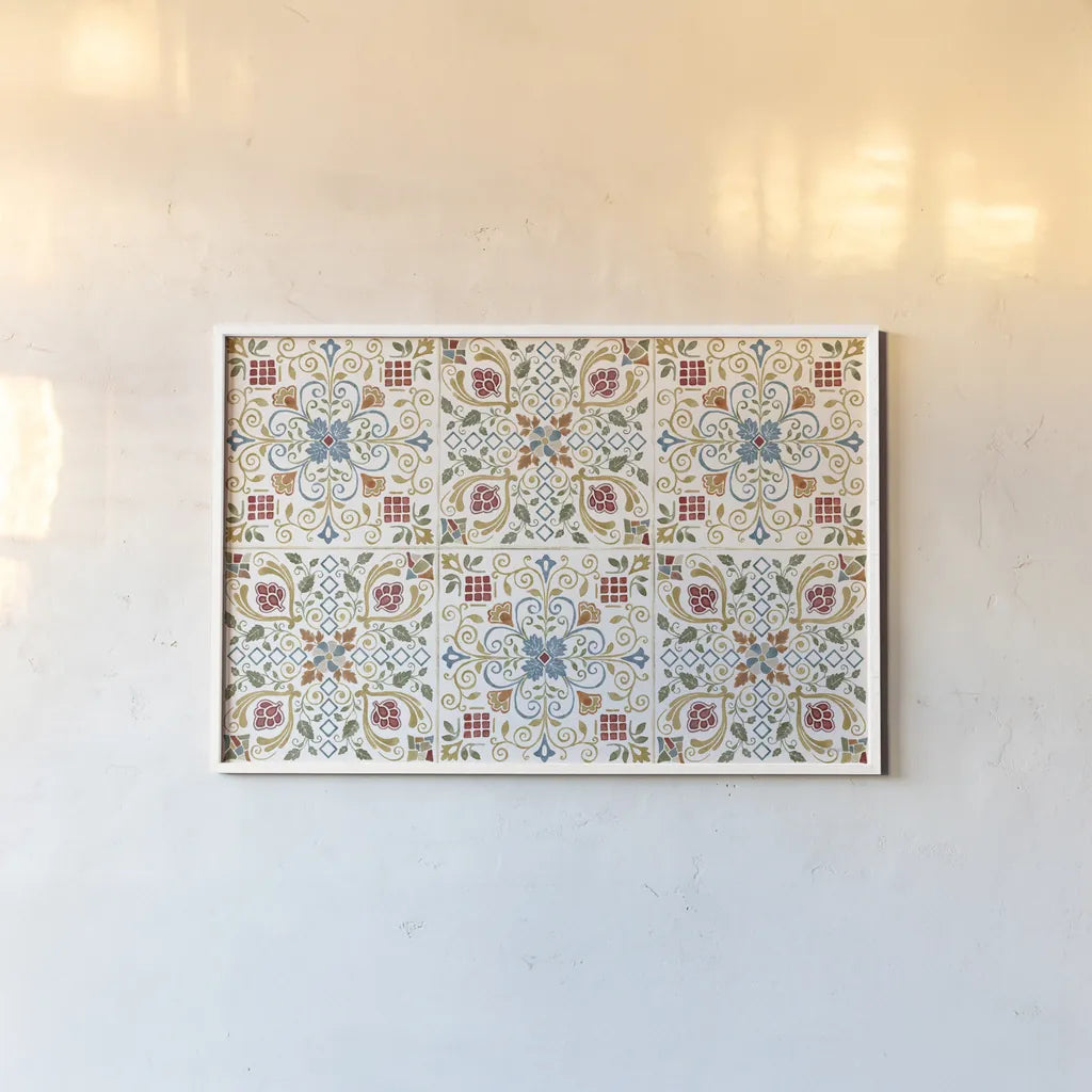 Mediterranean Motif I by Beth Grove. shown as a paper print in a white frame. Available as a archival giclee rolled canvas, fine art paper, or poster print. SKU 77507i.