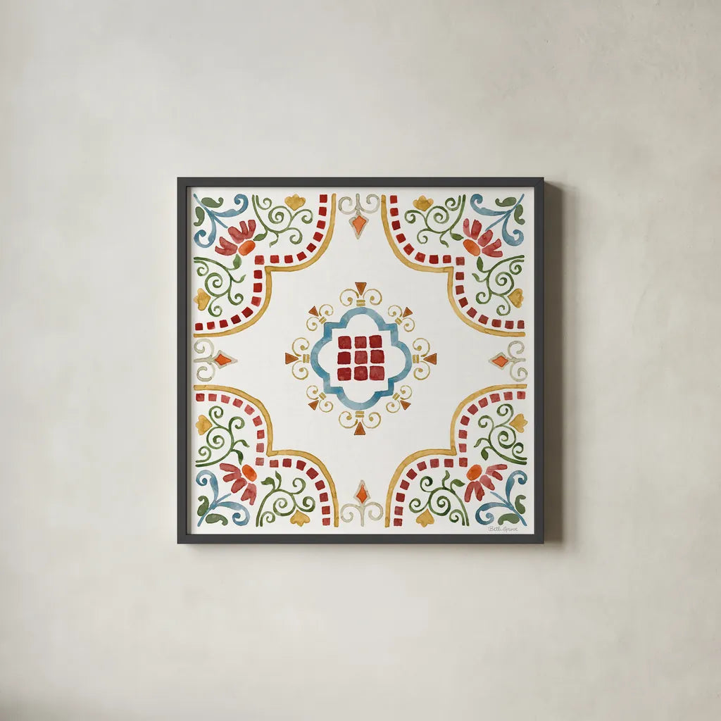Mediterranean Motif II by Beth Grove. Shown in a sleek black glass frame for a contemporary gallery look. Available as an archival giclee rolled canvas, fine art paper, or poster print. SKU 77508a.