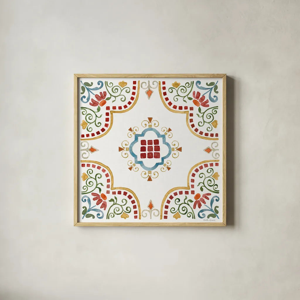 Mediterranean Motif II by Beth Grove. Shown in a natural wood glass frame for a timeless modern aesthetic. Available as an archival giclee rolled canvas, fine art paper, or poster print. SKU 77508a.