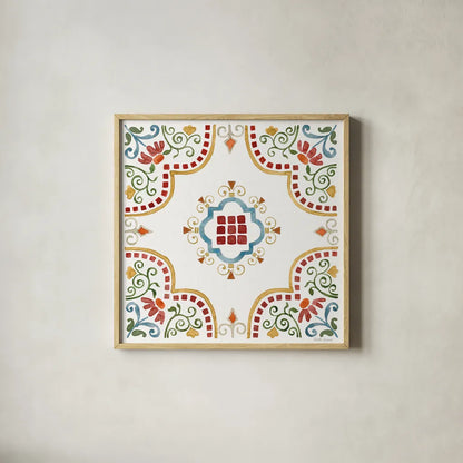 Mediterranean Motif II by Beth Grove. Shown in a natural wood glass frame for a timeless modern aesthetic. Available as an archival giclee rolled canvas, fine art paper, or poster print. SKU 77508a.