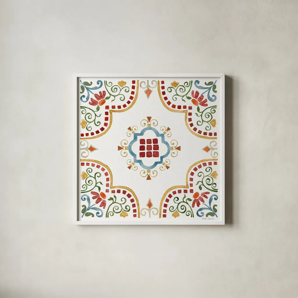 Mediterranean Motif II by Beth Grove. Shown in a crisp white glass frame for a clean and minimalist style. Available as an archival giclee rolled canvas, fine art paper, or poster print. SKU 77508a.