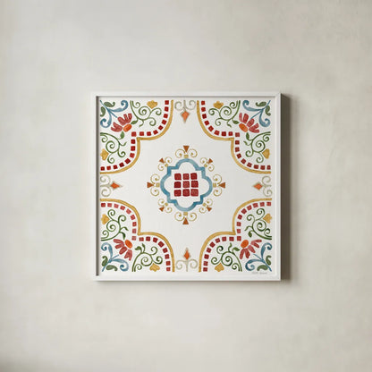 Mediterranean Motif II by Beth Grove. Shown in a crisp white glass frame for a clean and minimalist style. Available as an archival giclee rolled canvas, fine art paper, or poster print. SKU 77508a.
