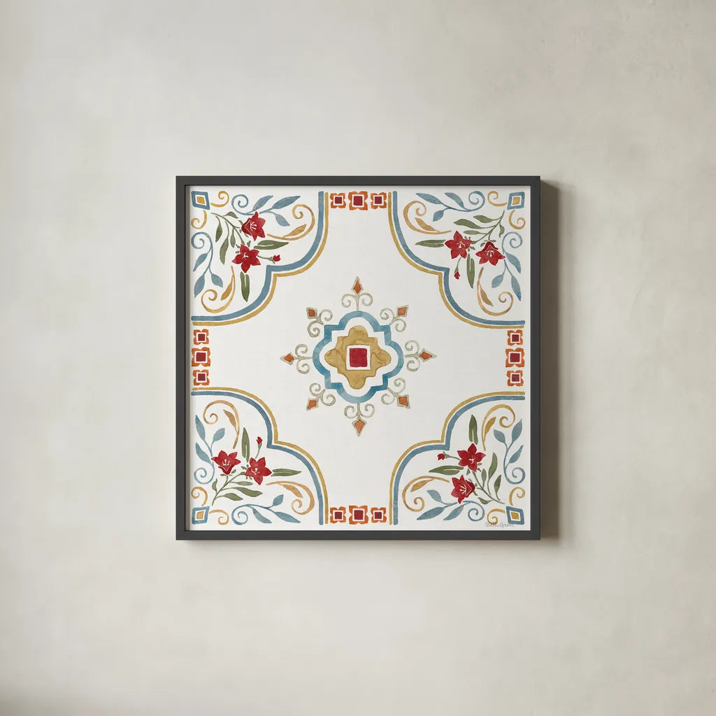 Mediterranean Motif III by Beth Grove. Shown in a sleek black glass frame for a contemporary gallery look. Available as an archival giclee rolled canvas, fine art paper, or poster print. SKU 77509a.
