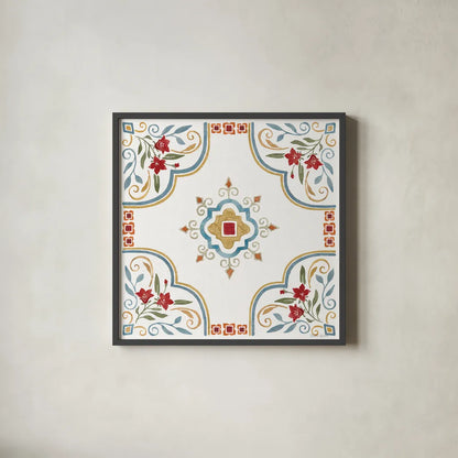 Mediterranean Motif III by Beth Grove. Shown in a sleek black glass frame for a contemporary gallery look. Available as an archival giclee rolled canvas, fine art paper, or poster print. SKU 77509a.